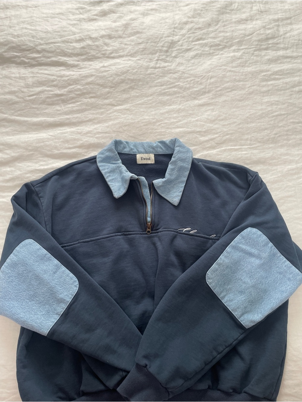 Elwood Navy Zip-Up Sweatshirt with Light Blue Collar & Elbow Patches